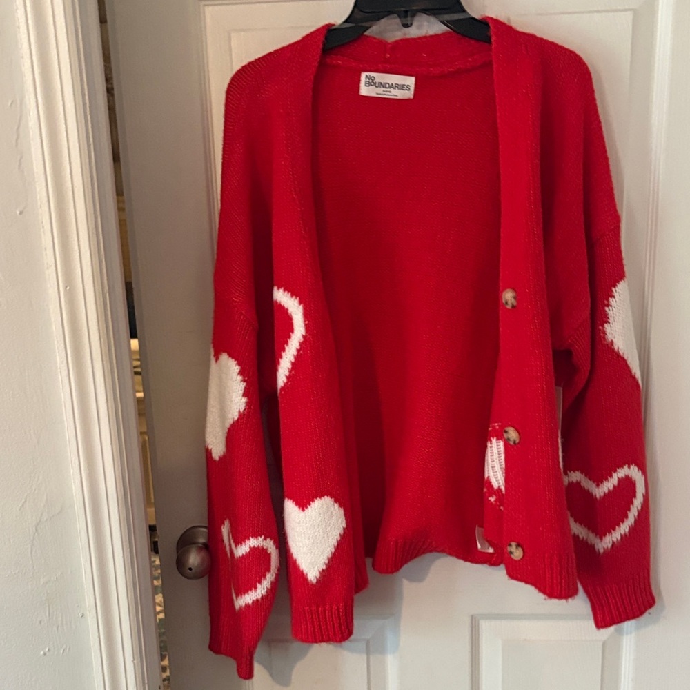 No Boundaries Red Cardigan with White Heart Patterns